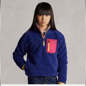 Ralph Lauren Royal Sherpa Fleece Pullover Girls Size 5 Fuzzy Teddy Color Block!